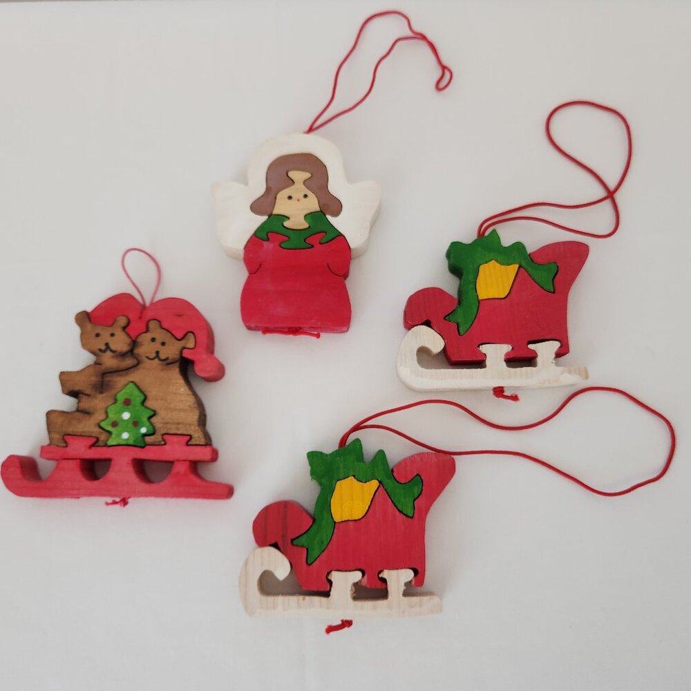 Vintage 4 Piece Flat Wooden Puzzle Hand Painted Double Side Christmas Ornaments